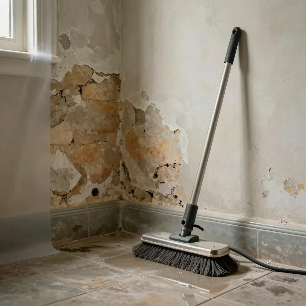 Angolo bagno bonificato con muro scrostato, muratura a vista e scrubber asciugante.