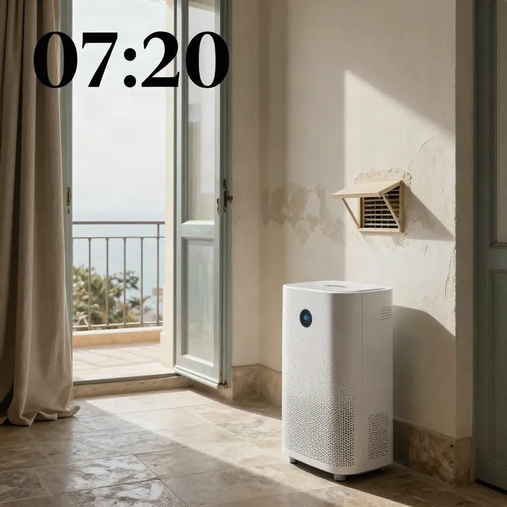 Camera d’hotel restaurata con deumidificatore, muro riparato e luce del mattino.