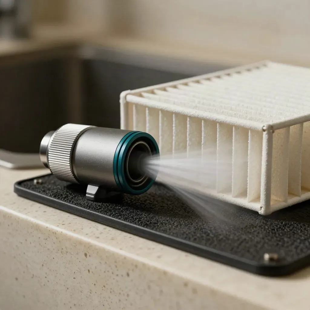 Sensore aria, filtro HEPA pieghettato e cappuccio di calibrazione su tappetino tecnico.
