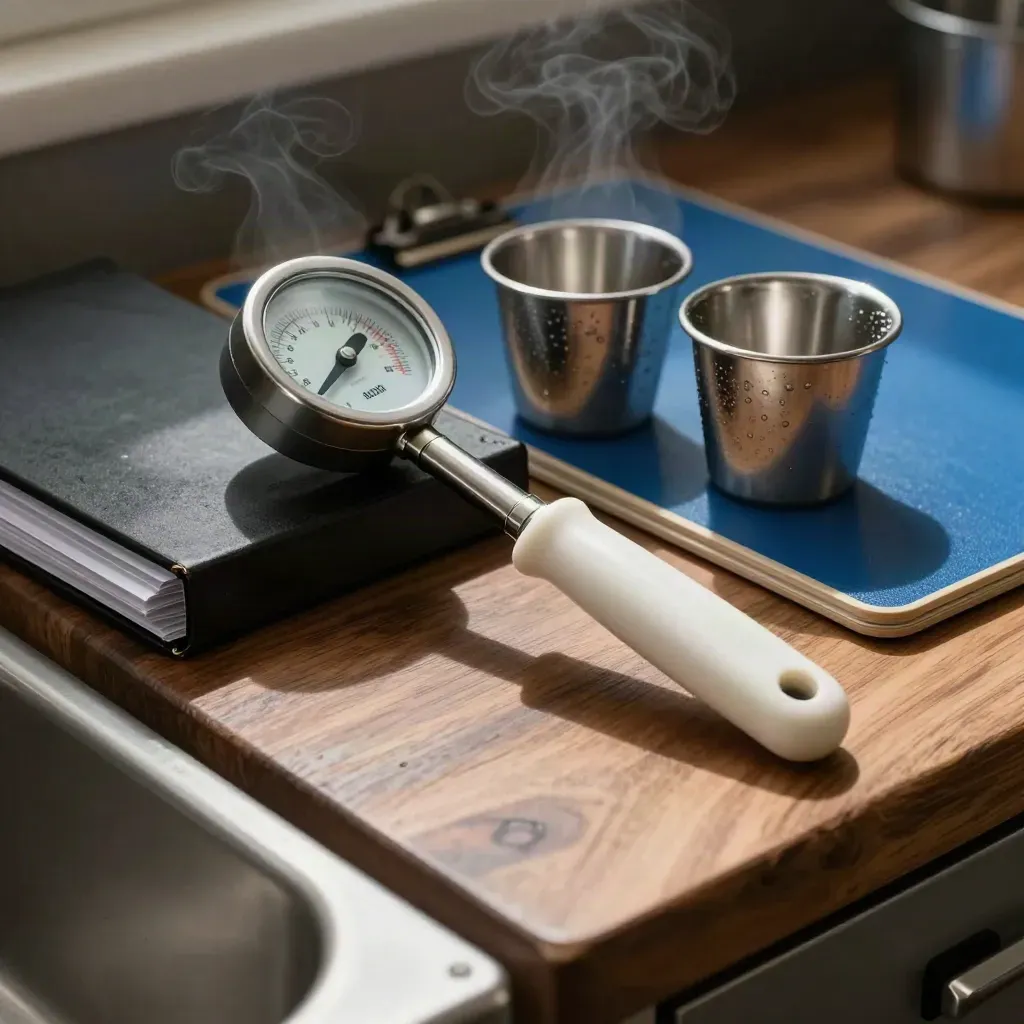Termometro HACCP, tavoletta blu, coppette d’acciaio e cartella audit in cucina professionale.