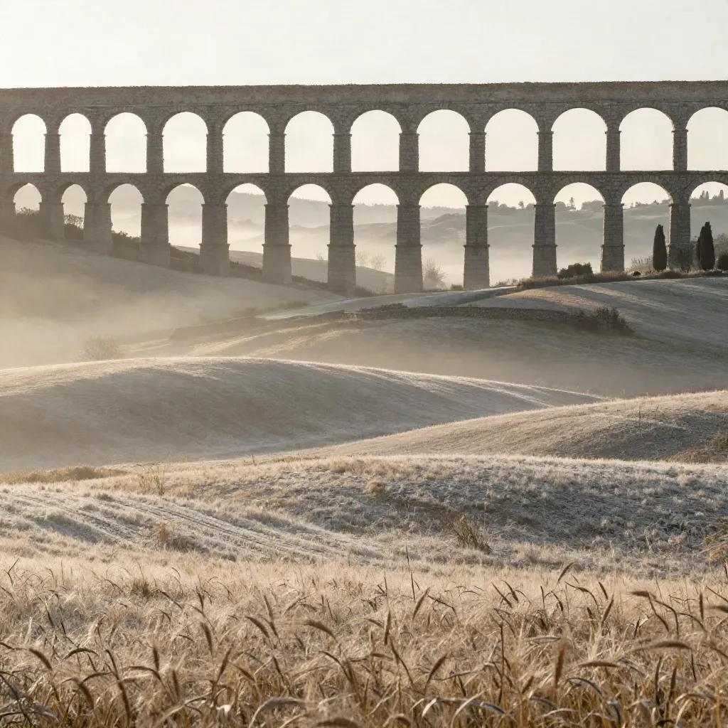 Acquedotto romano all’alba sopra campagne dorate e foschia, con spazio calmo in basso per il testo.