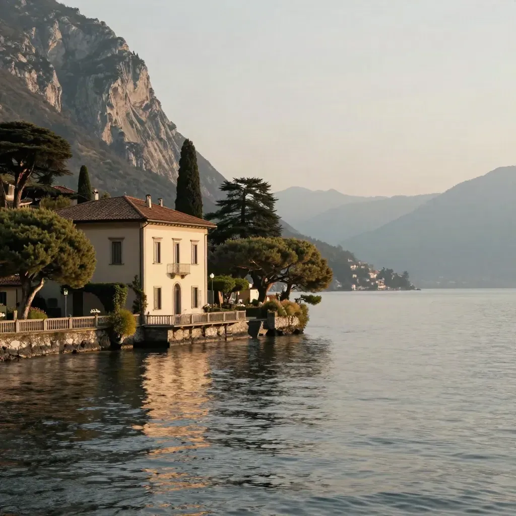 Villa sul Lago di Como al tramonto, con acqua calma e montagne avvolte nella foschia.